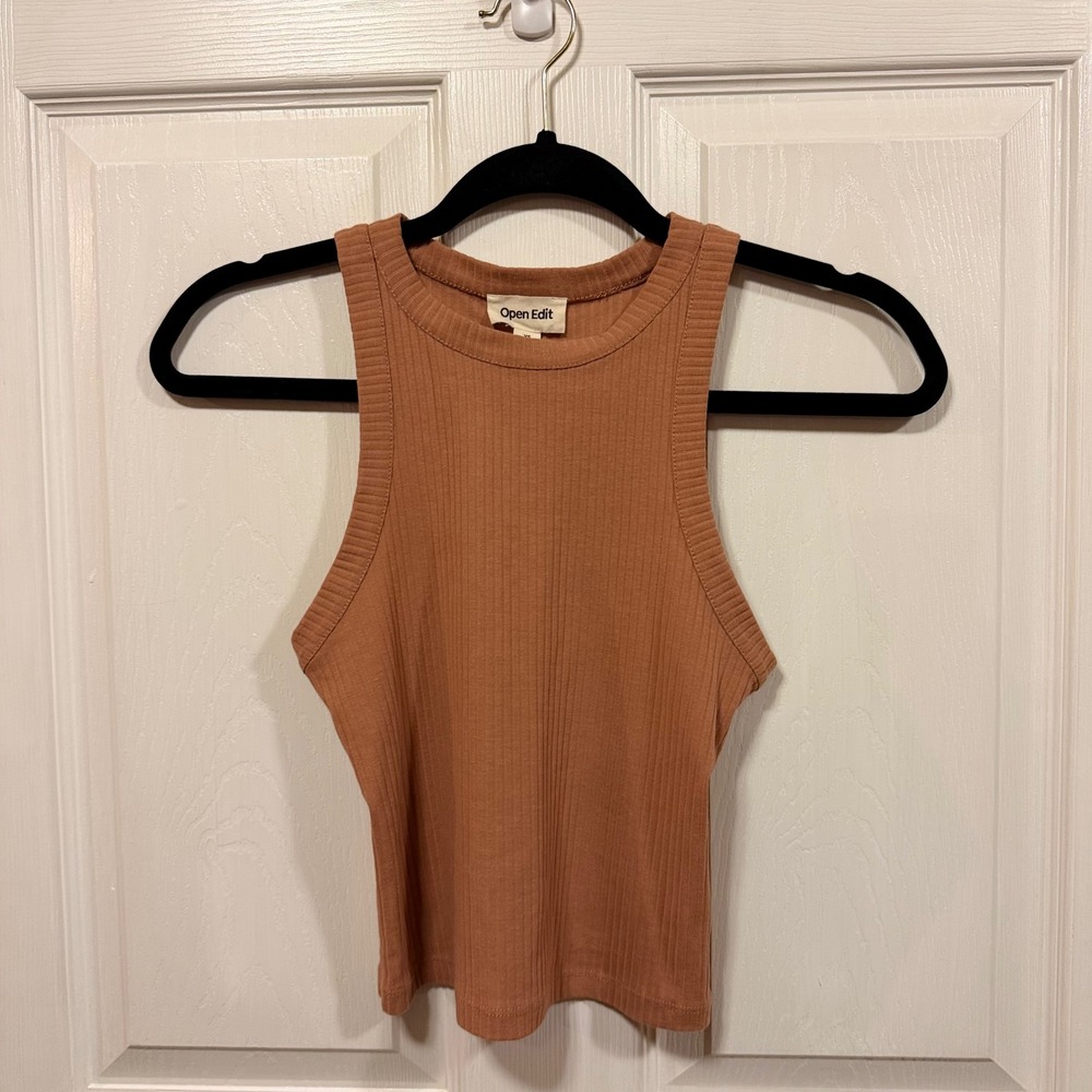 Open Edit Womens Ribbed Racerback Tank Top Terracotta Brown Crew Neck XS